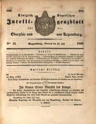 Königlich bayerisches Intelligenzblatt für die Oberpfalz und von Regensburg Mittwoch 29. Juli 1840