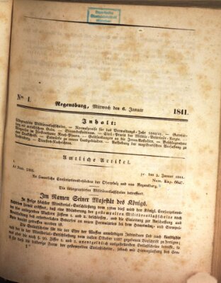 Königlich bayerisches Intelligenzblatt für die Oberpfalz und von Regensburg Mittwoch 6. Januar 1841