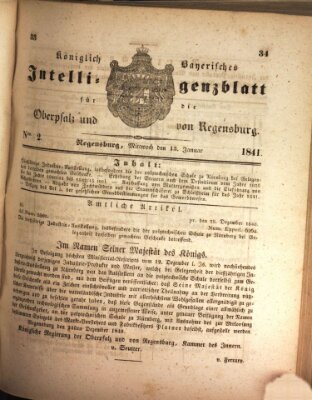 Königlich bayerisches Intelligenzblatt für die Oberpfalz und von Regensburg Mittwoch 13. Januar 1841