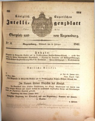 Königlich bayerisches Intelligenzblatt für die Oberpfalz und von Regensburg Mittwoch 3. Februar 1841