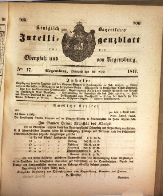 Königlich bayerisches Intelligenzblatt für die Oberpfalz und von Regensburg Mittwoch 21. April 1841