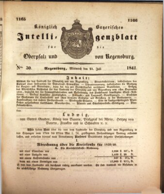 Königlich bayerisches Intelligenzblatt für die Oberpfalz und von Regensburg Mittwoch 21. Juli 1841