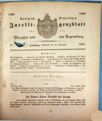 Königlich bayerisches Intelligenzblatt für die Oberpfalz und von Regensburg Mittwoch 15. September 1841