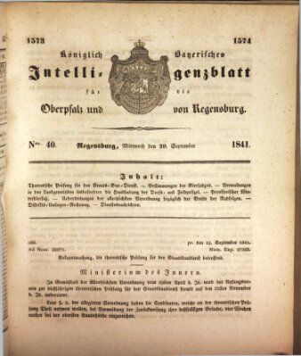 Königlich bayerisches Intelligenzblatt für die Oberpfalz und von Regensburg Mittwoch 29. September 1841