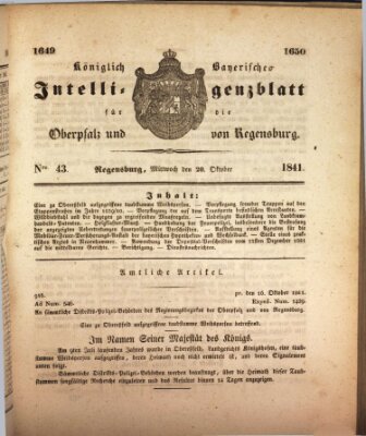 Königlich bayerisches Intelligenzblatt für die Oberpfalz und von Regensburg Mittwoch 20. Oktober 1841