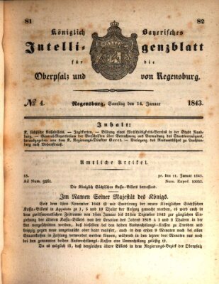 Königlich bayerisches Intelligenzblatt für die Oberpfalz und von Regensburg Samstag 14. Januar 1843