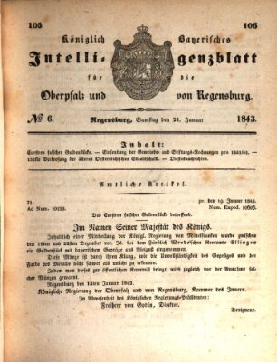 Königlich bayerisches Intelligenzblatt für die Oberpfalz und von Regensburg Samstag 21. Januar 1843