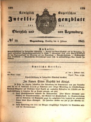 Königlich bayerisches Intelligenzblatt für die Oberpfalz und von Regensburg Samstag 4. Februar 1843