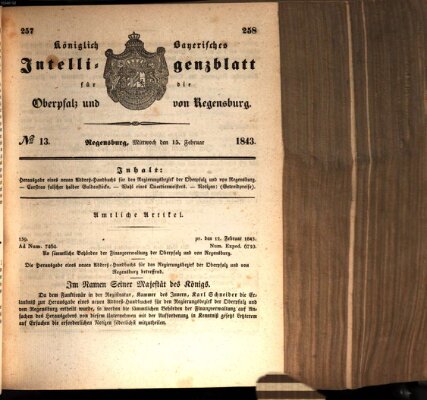 Königlich bayerisches Intelligenzblatt für die Oberpfalz und von Regensburg Mittwoch 15. Februar 1843