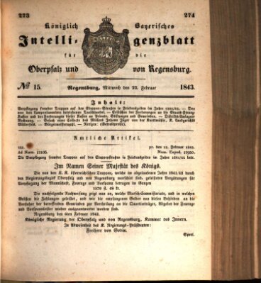 Königlich bayerisches Intelligenzblatt für die Oberpfalz und von Regensburg Mittwoch 22. Februar 1843