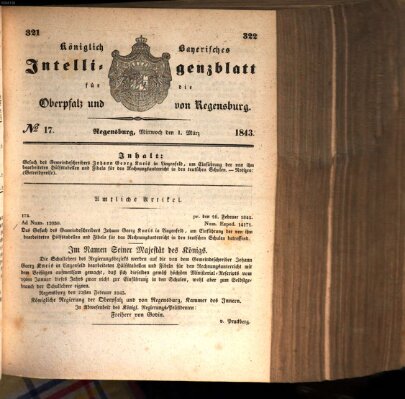 Königlich bayerisches Intelligenzblatt für die Oberpfalz und von Regensburg Mittwoch 1. März 1843