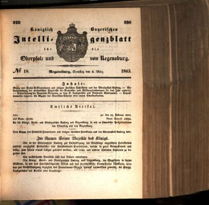 Königlich bayerisches Intelligenzblatt für die Oberpfalz und von Regensburg Samstag 4. März 1843