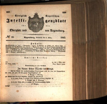 Königlich bayerisches Intelligenzblatt für die Oberpfalz und von Regensburg Mittwoch 8. März 1843