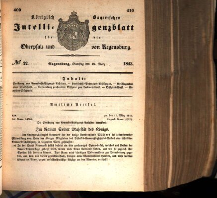 Königlich bayerisches Intelligenzblatt für die Oberpfalz und von Regensburg Samstag 18. März 1843