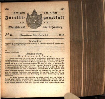 Königlich bayerisches Intelligenzblatt für die Oberpfalz und von Regensburg Mittwoch 5. April 1843