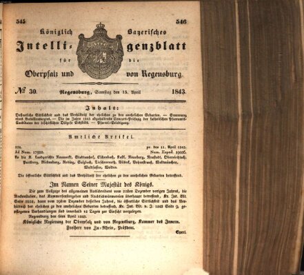 Königlich bayerisches Intelligenzblatt für die Oberpfalz und von Regensburg Samstag 15. April 1843