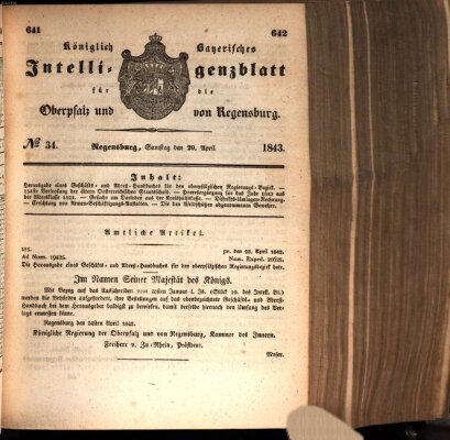 Königlich bayerisches Intelligenzblatt für die Oberpfalz und von Regensburg Samstag 29. April 1843