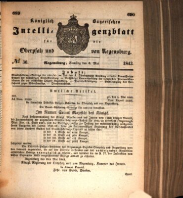 Königlich bayerisches Intelligenzblatt für die Oberpfalz und von Regensburg Samstag 6. Mai 1843