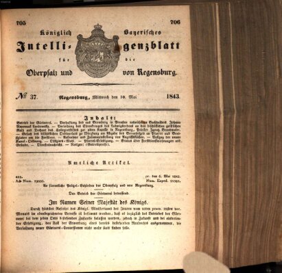 Königlich bayerisches Intelligenzblatt für die Oberpfalz und von Regensburg Mittwoch 10. Mai 1843