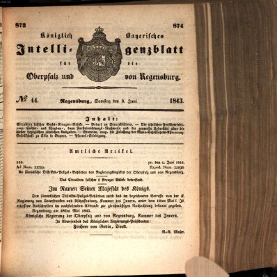 Königlich bayerisches Intelligenzblatt für die Oberpfalz und von Regensburg Samstag 3. Juni 1843