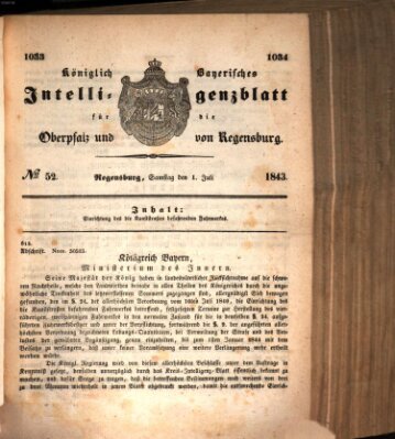 Königlich bayerisches Intelligenzblatt für die Oberpfalz und von Regensburg Samstag 1. Juli 1843