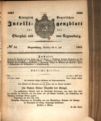 Königlich bayerisches Intelligenzblatt für die Oberpfalz und von Regensburg Samstag 8. Juli 1843