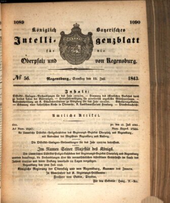 Königlich bayerisches Intelligenzblatt für die Oberpfalz und von Regensburg Samstag 15. Juli 1843