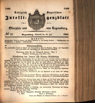 Königlich bayerisches Intelligenzblatt für die Oberpfalz und von Regensburg Mittwoch 19. Juli 1843