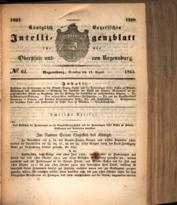 Königlich bayerisches Intelligenzblatt für die Oberpfalz und von Regensburg Samstag 12. August 1843