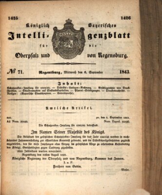 Königlich bayerisches Intelligenzblatt für die Oberpfalz und von Regensburg Mittwoch 6. September 1843