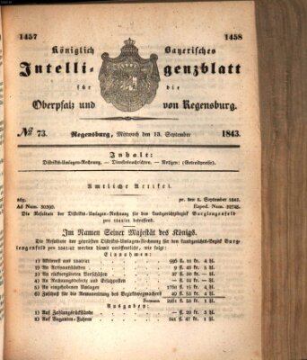 Königlich bayerisches Intelligenzblatt für die Oberpfalz und von Regensburg Mittwoch 13. September 1843