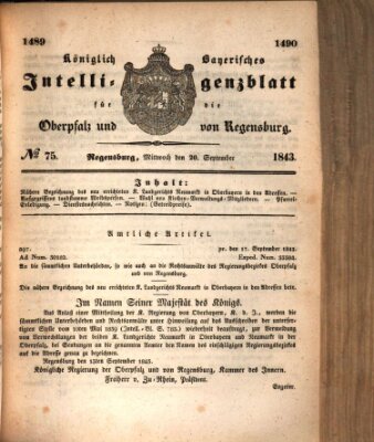 Königlich bayerisches Intelligenzblatt für die Oberpfalz und von Regensburg Mittwoch 20. September 1843