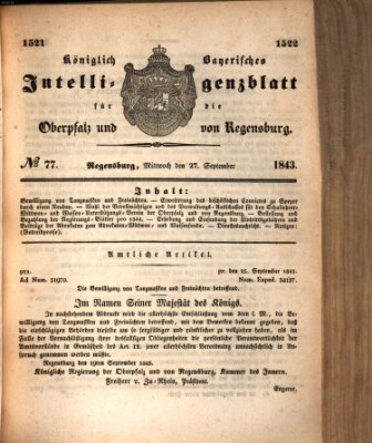 Königlich bayerisches Intelligenzblatt für die Oberpfalz und von Regensburg Mittwoch 27. September 1843