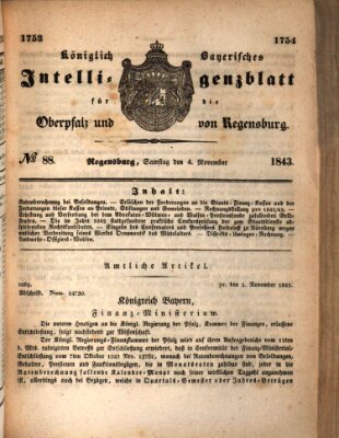 Königlich bayerisches Intelligenzblatt für die Oberpfalz und von Regensburg Samstag 4. November 1843