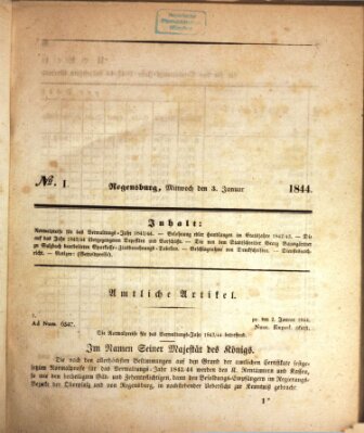 Königlich bayerisches Intelligenzblatt für die Oberpfalz und von Regensburg Mittwoch 3. Januar 1844