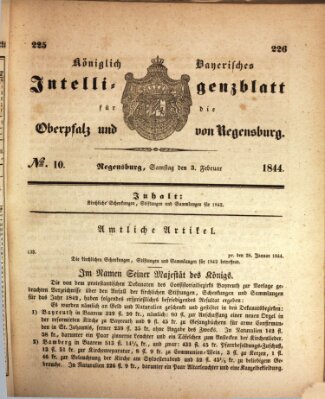 Königlich bayerisches Intelligenzblatt für die Oberpfalz und von Regensburg Samstag 3. Februar 1844