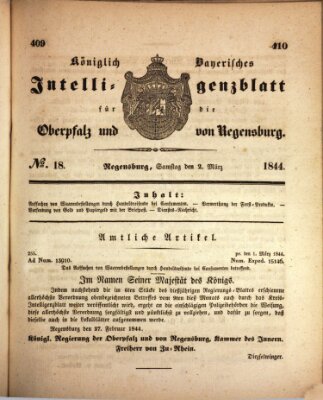 Königlich bayerisches Intelligenzblatt für die Oberpfalz und von Regensburg Samstag 2. März 1844