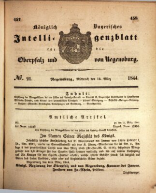 Königlich bayerisches Intelligenzblatt für die Oberpfalz und von Regensburg Mittwoch 13. März 1844