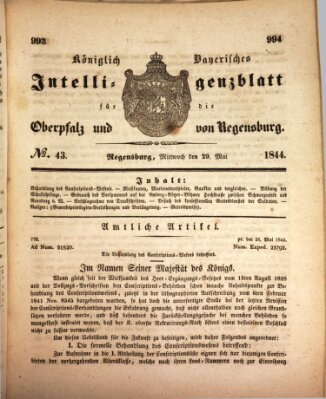 Königlich bayerisches Intelligenzblatt für die Oberpfalz und von Regensburg Mittwoch 29. Mai 1844