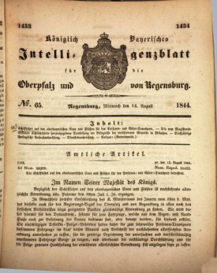 Königlich bayerisches Intelligenzblatt für die Oberpfalz und von Regensburg Mittwoch 14. August 1844