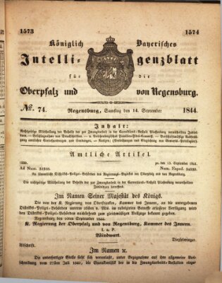 Königlich bayerisches Intelligenzblatt für die Oberpfalz und von Regensburg Samstag 14. September 1844