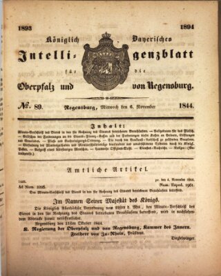 Königlich bayerisches Intelligenzblatt für die Oberpfalz und von Regensburg Mittwoch 6. November 1844