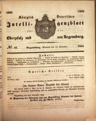 Königlich bayerisches Intelligenzblatt für die Oberpfalz und von Regensburg Mittwoch 13. November 1844