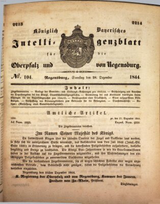 Königlich bayerisches Intelligenzblatt für die Oberpfalz und von Regensburg Samstag 28. Dezember 1844