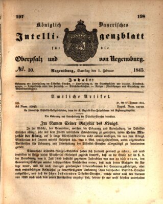 Königlich bayerisches Intelligenzblatt für die Oberpfalz und von Regensburg Samstag 1. Februar 1845