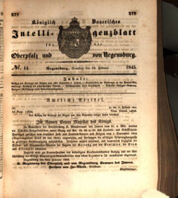 Königlich bayerisches Intelligenzblatt für die Oberpfalz und von Regensburg Samstag 15. Februar 1845