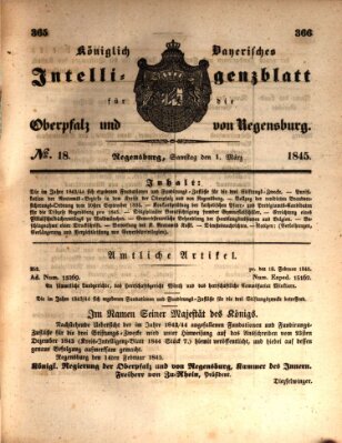 Königlich bayerisches Intelligenzblatt für die Oberpfalz und von Regensburg Samstag 1. März 1845