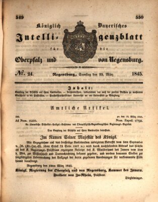 Königlich bayerisches Intelligenzblatt für die Oberpfalz und von Regensburg Samstag 22. März 1845