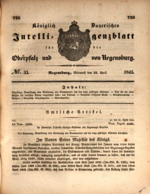 Königlich bayerisches Intelligenzblatt für die Oberpfalz und von Regensburg Mittwoch 23. April 1845