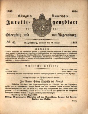 Königlich bayerisches Intelligenzblatt für die Oberpfalz und von Regensburg Mittwoch 13. August 1845